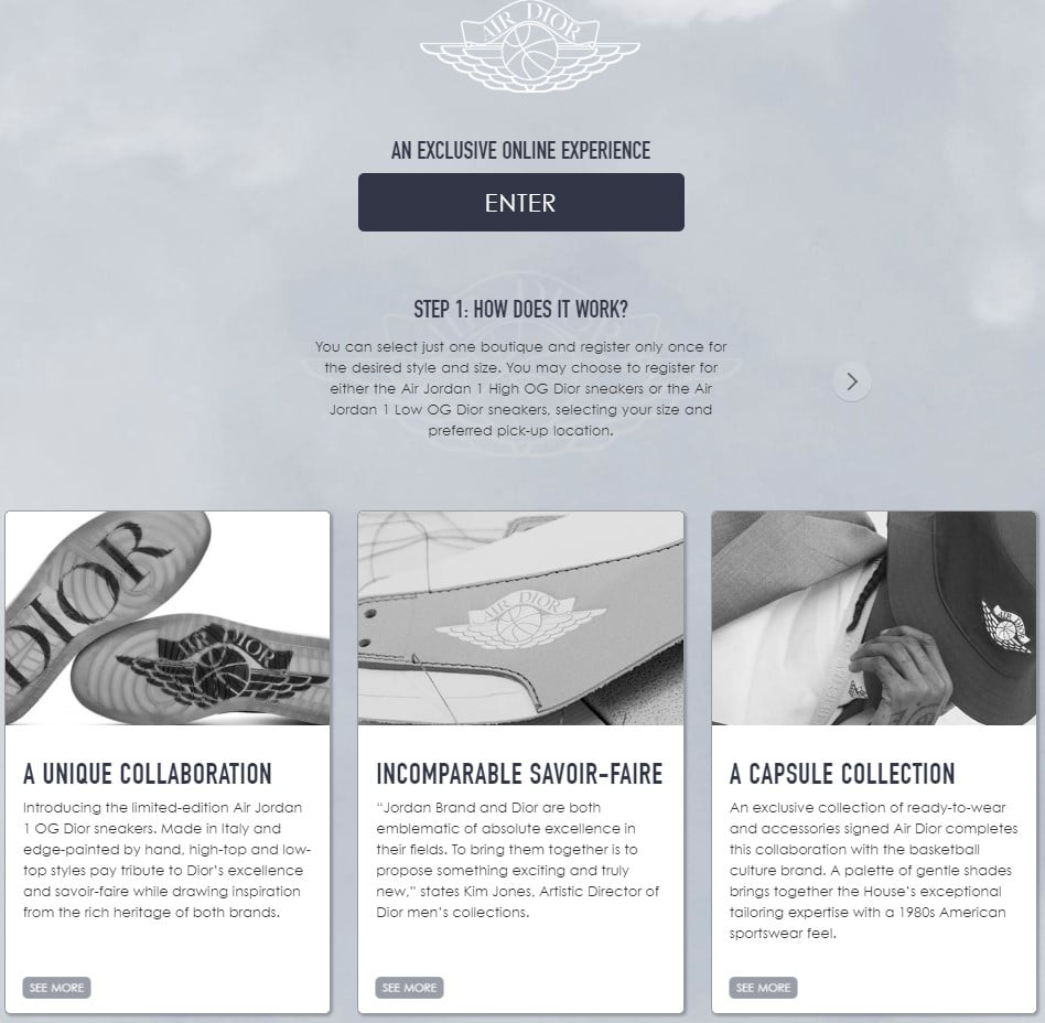 How to Register for Dior x Nike Jordan 1 OG High & Low: Microsite
