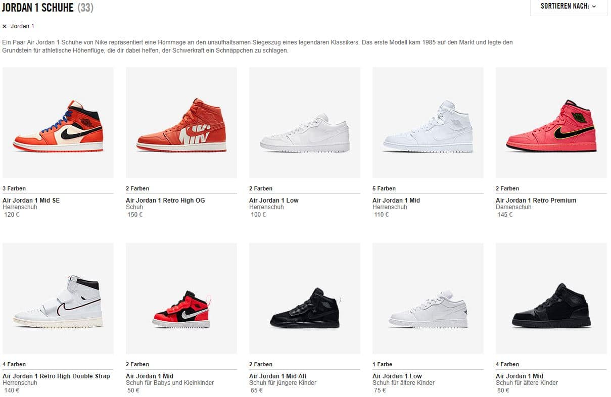 Jordan store schuhe liste