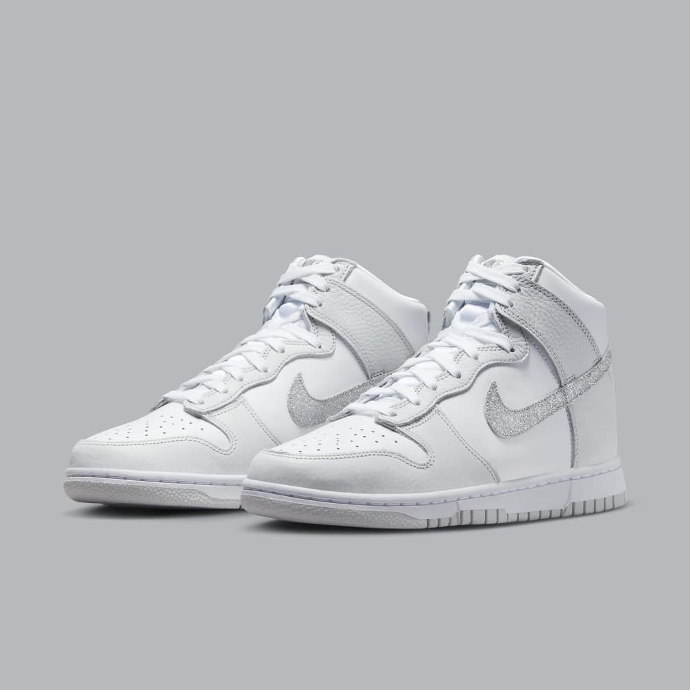 This Women's Nike Dunk High is TRENDING! Silver Glitter Swoosh