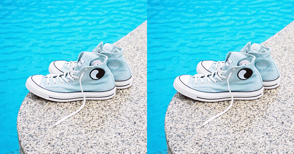 Die Converse Chuck 70 Hi von Stüssy in Babyblau sind mit dem Yin-Yang-Symbol von Our Legacy verziert