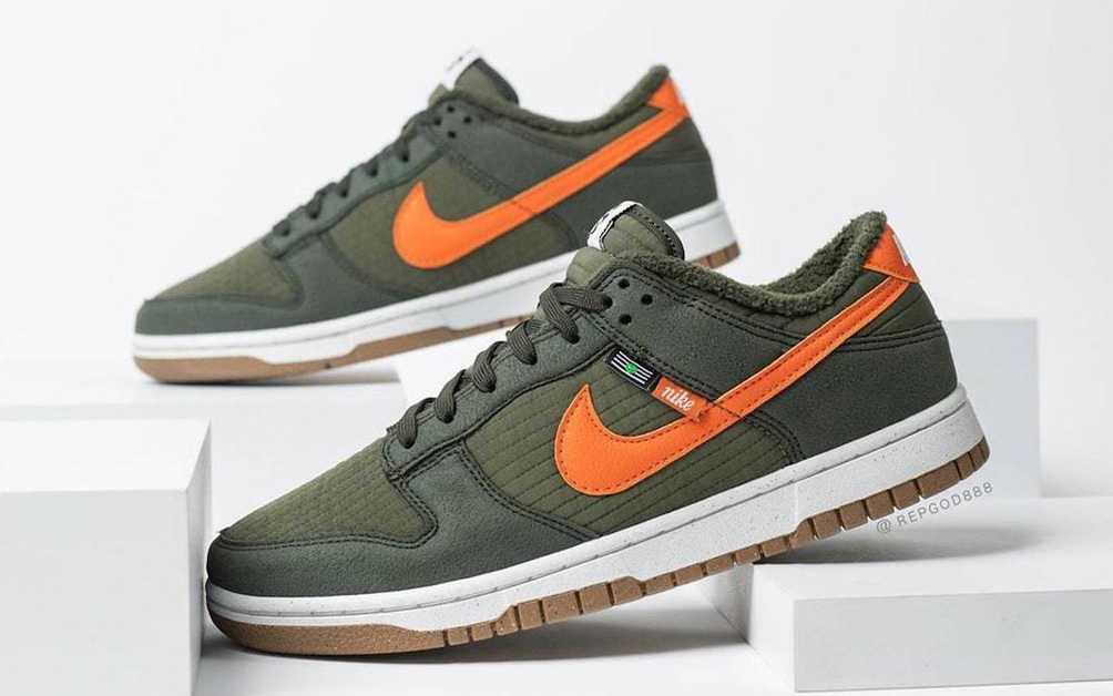 Two Nike Dunk Low "Toasty" in Blue and Olive Green Spotted