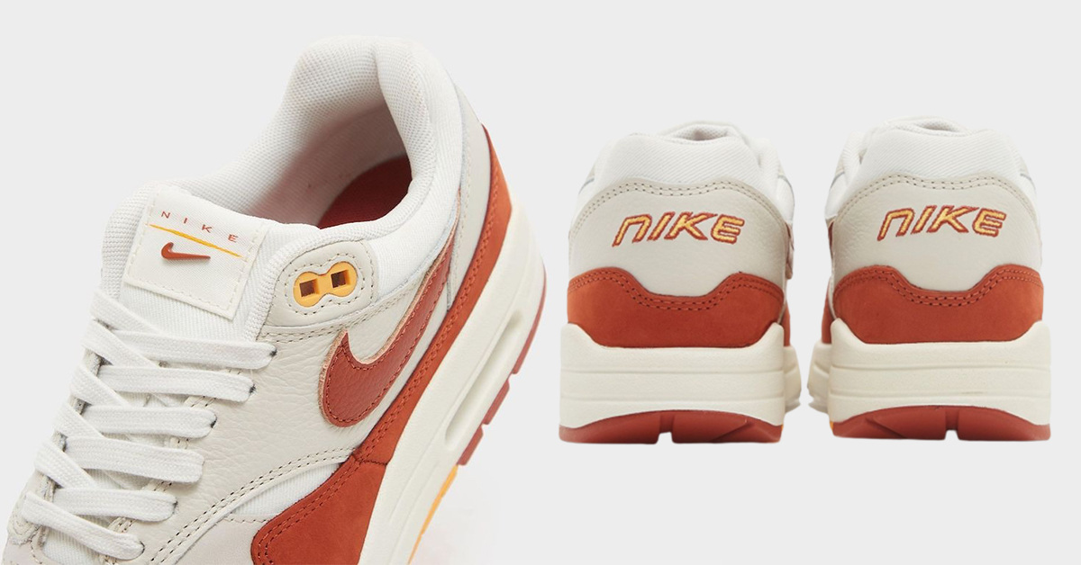 Neue Nike-Brandings bei dem Nike Air Max 1 WMNS „Rugged Orange“