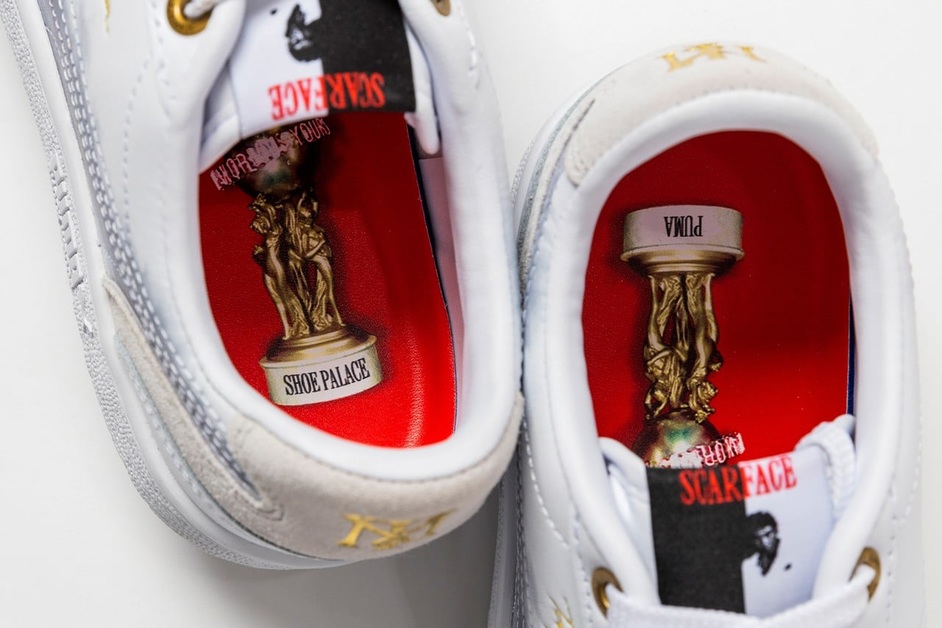 Gold Details on the Shoe Palace x PUMA x Scarface Ralph Sampson Low "Scarface"
