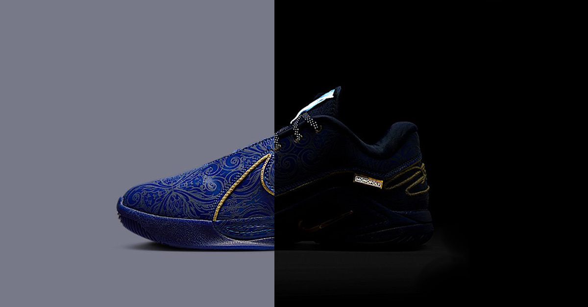 Goldene Akzente und lasergravierte Luxusdetails: Monopoly x Nike LeBron 22 "Deep Royal Blue"