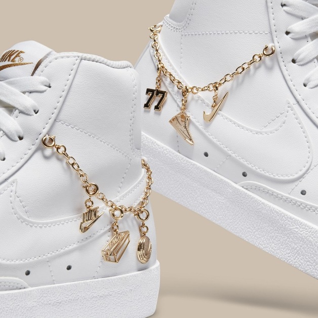 Golden Pendants Adorn the White Nike Blazer Mid LX